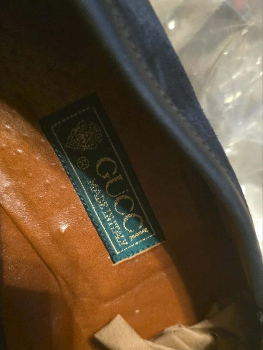 Gucci Navy Blue Suede Loafers with Brown Leather Insole